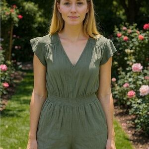 New! Gap Green Womens SS Romper Gauz large elastic waist Cotton Preppy Romantic
